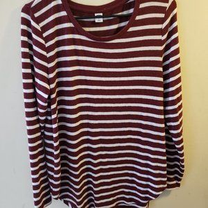 Maroon and White Striped Long Sleeve Fitted Shirt